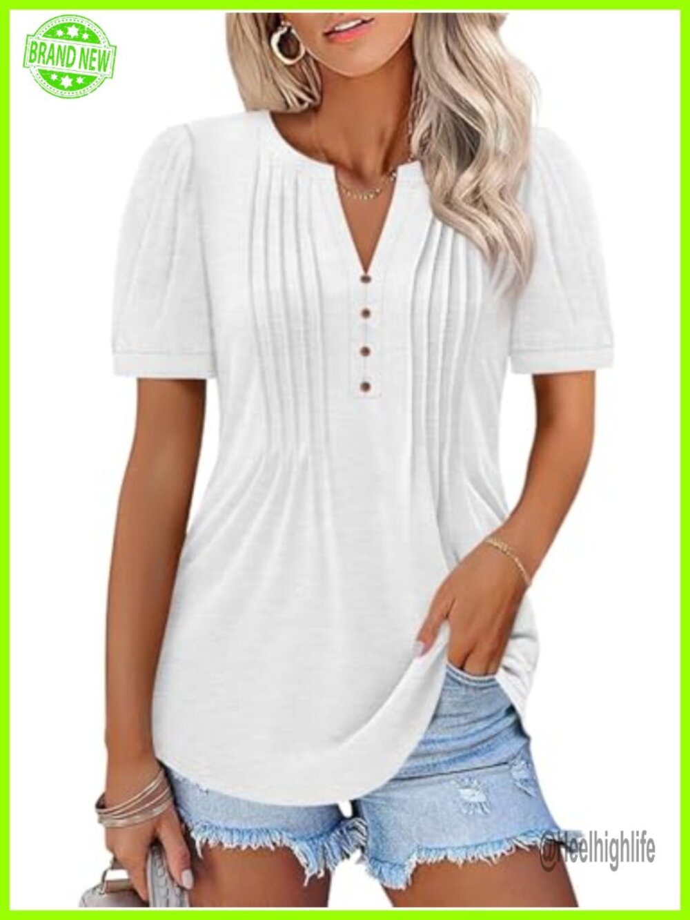 Womens Pleated V Neck Puff Short Sleeve T Shirt Casual Summer Top